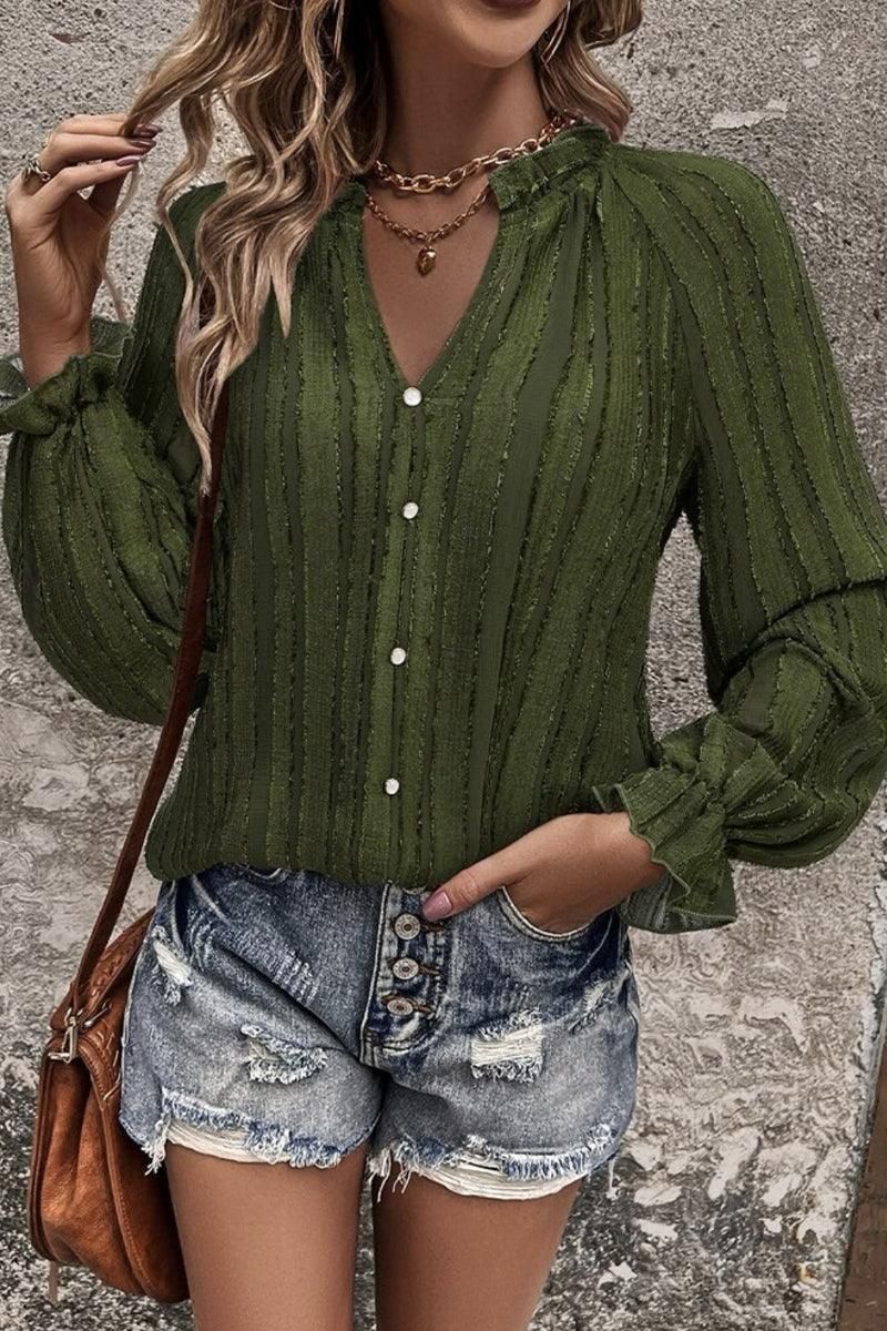WOMEN BUTTON UP SHIRRED NECK LOOSE FIT BLOUSE - Doublju