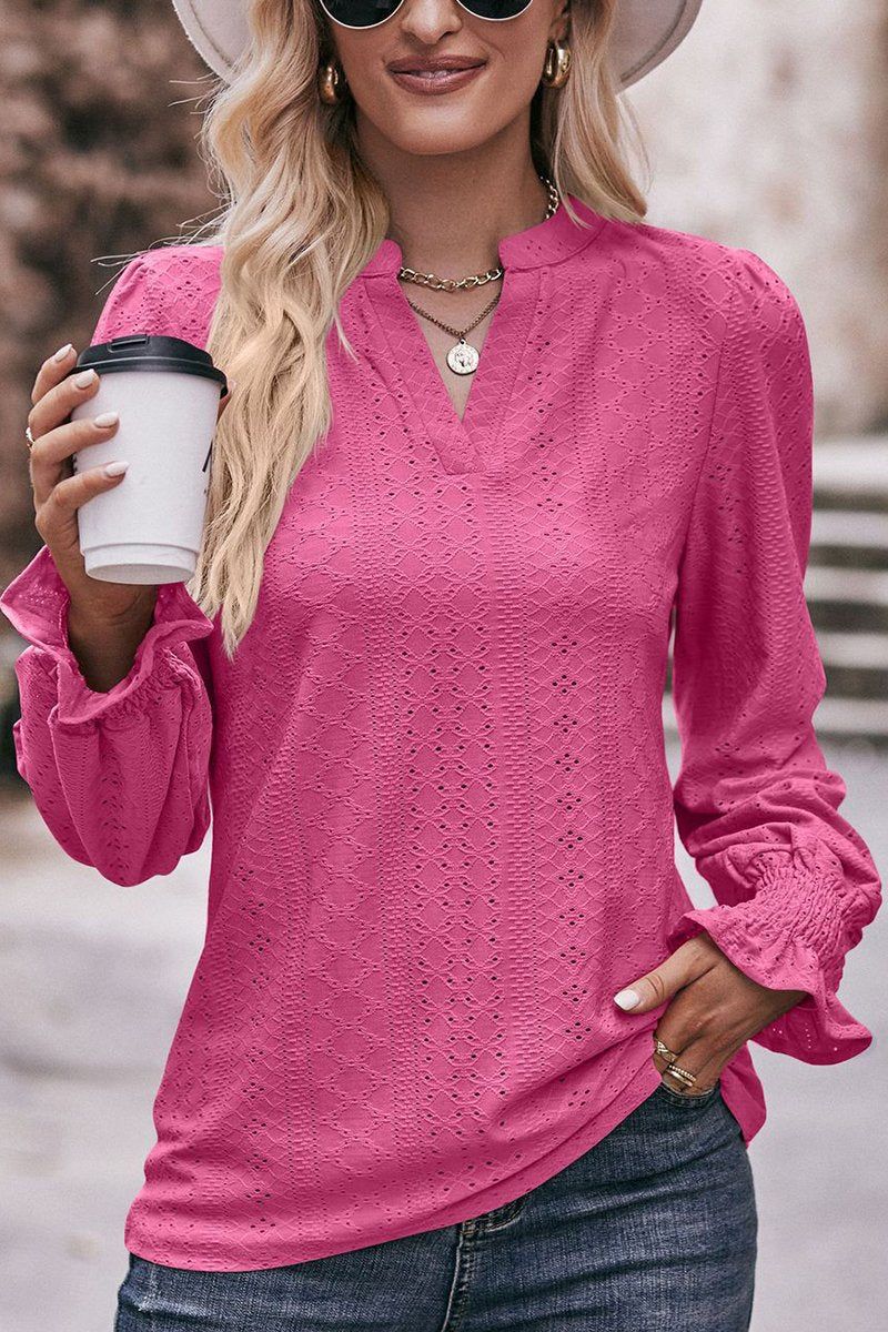 WOMEN EYELET SMOCKED CUFF SLEEVE V NECK BLOUSE