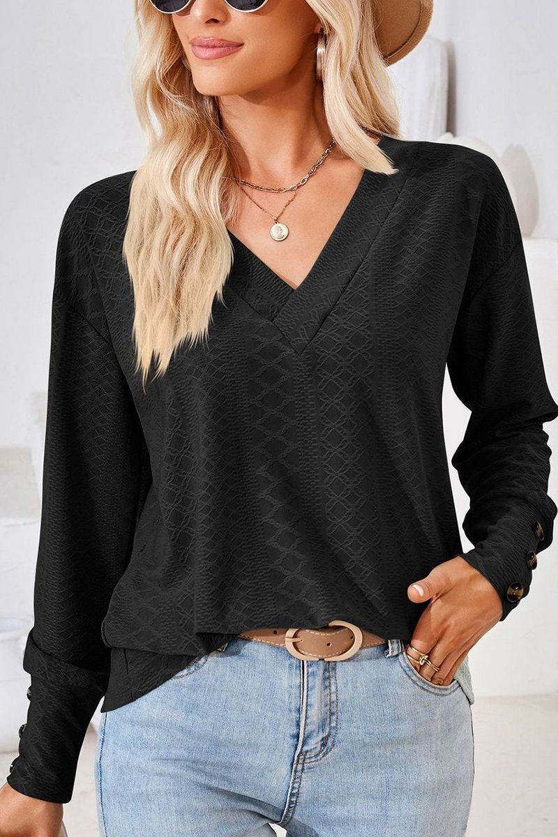 WOMEN V NECK BUTTONED CUFF LOOSE FIT BLOUSE