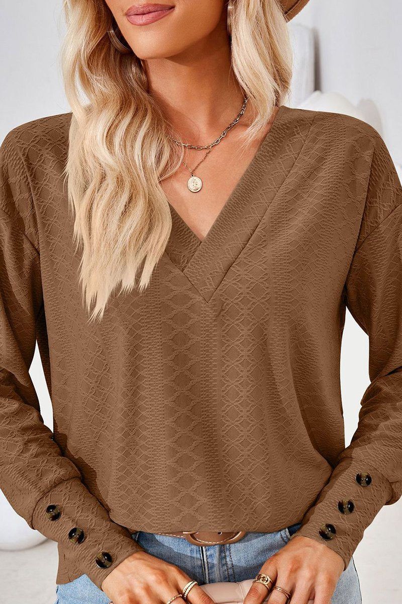 WOMEN V NECK BUTTONED CUFF LOOSE FIT BLOUSE