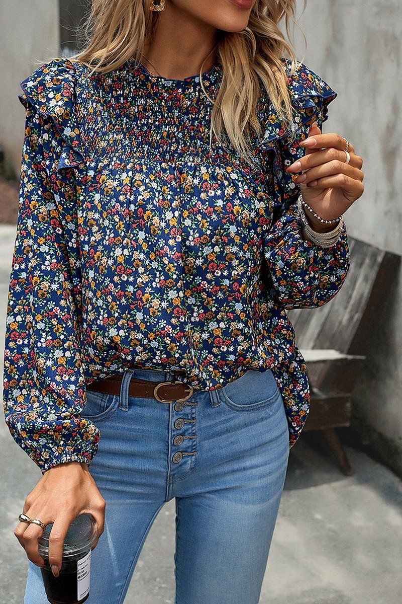 WOMEN FRLL SHOULDER ELASTIC CUFF FLORAL BLOUSE