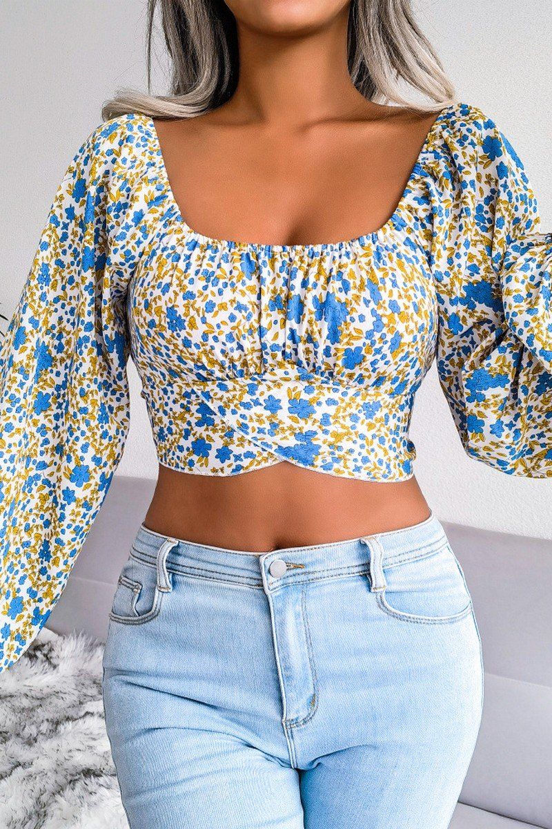 LANTERN SLEEVE BOW FLORAL CHIFFON CROP BLOUSE