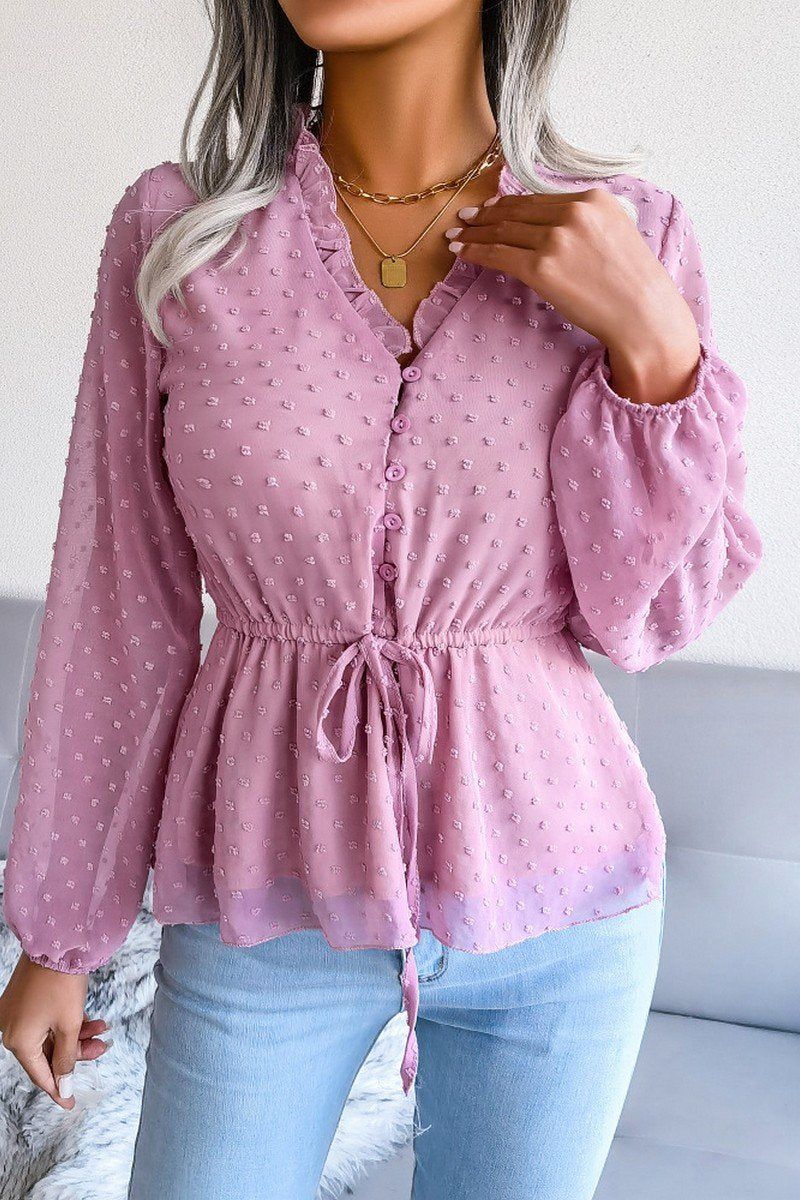 LANTERN SLEEVE RUFFLED SWISS DOT CHIFFON TUNIC