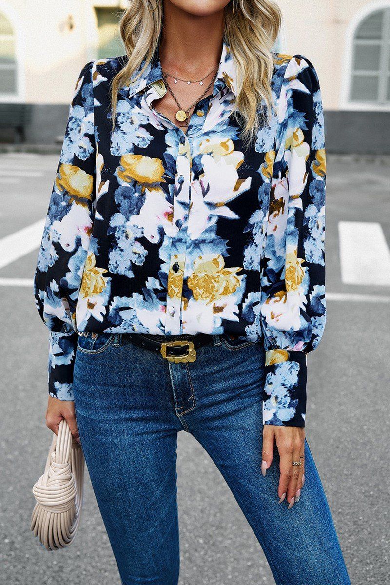 FLORAL PRINTING BUTTON UP FITTED CUFF BLOUSE