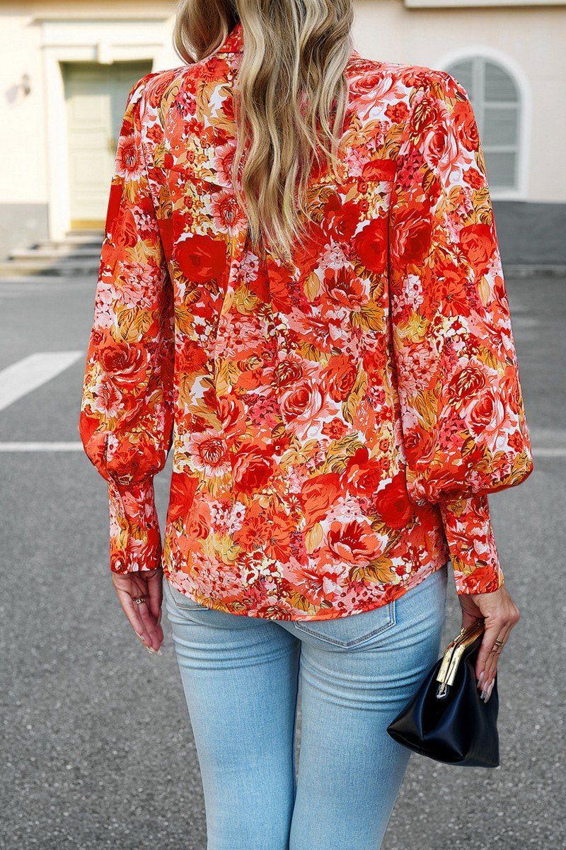 FLORAL PRINTING BUTTON UP FITTED CUFF BLOUSE