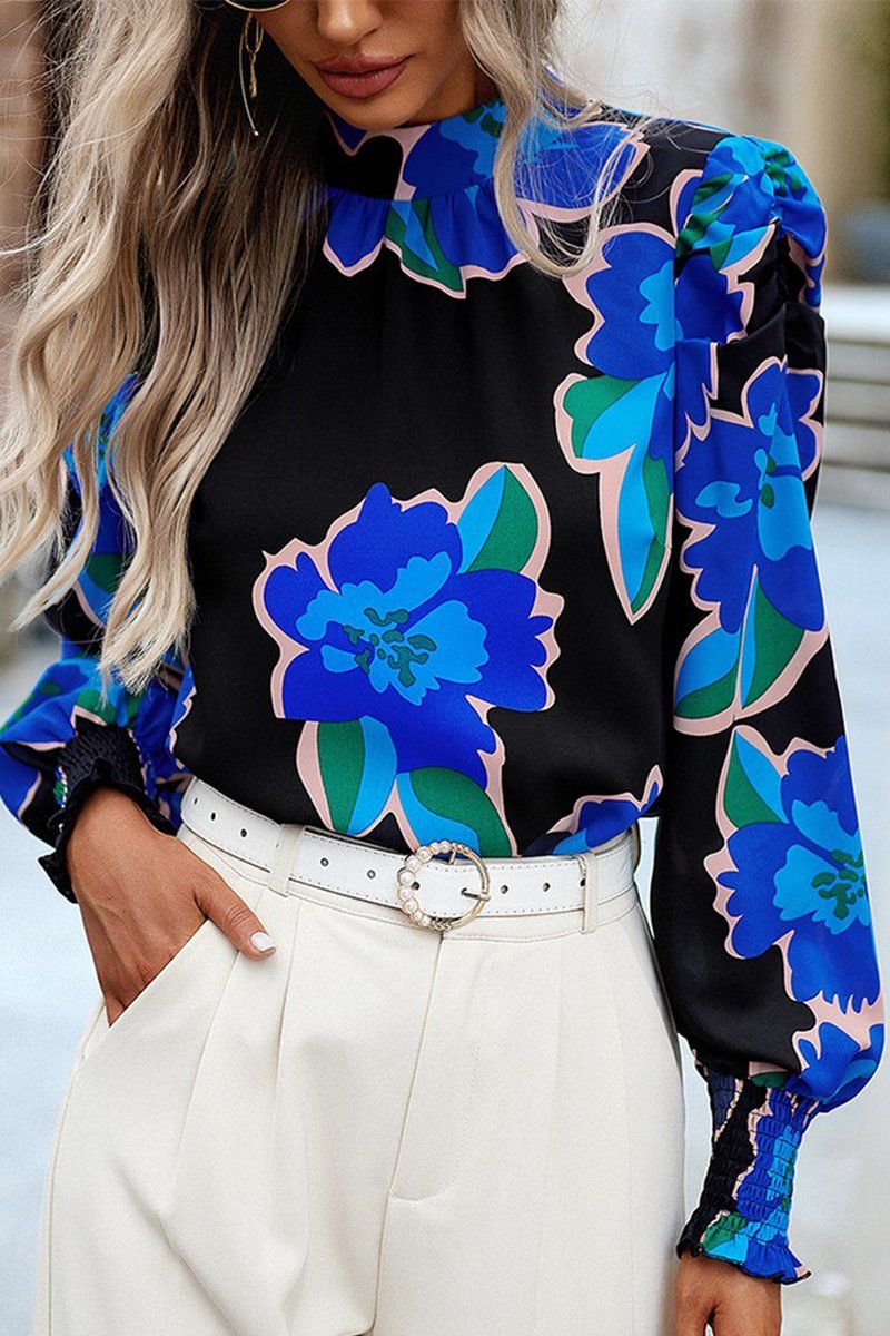 WOMEN PATTERNED HIGH NECK PUFF SLEEVE BLOUSE