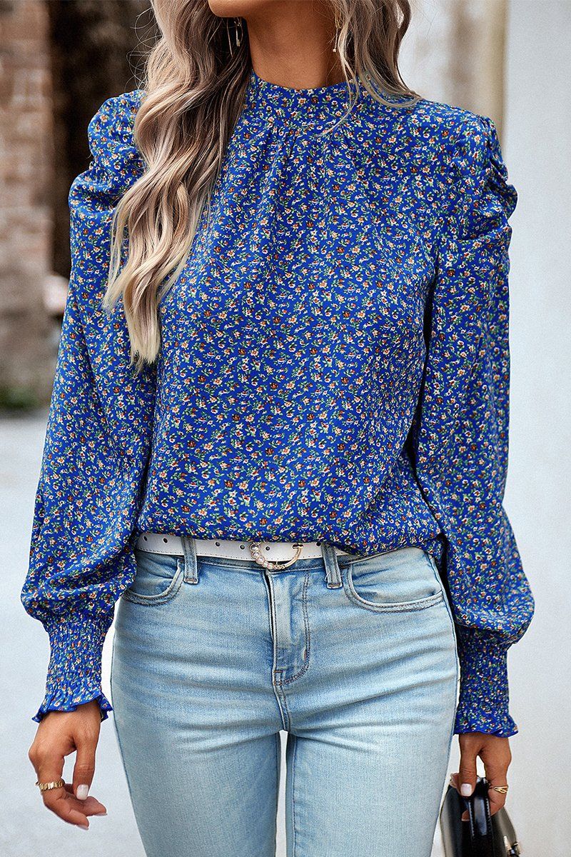 WOMEN PATTERNED HIGH NECK PUFF SLEEVE BLOUSE