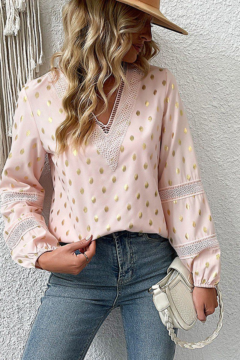 GUIPURE LACE TRIM GOLDEN POLKA DOT PATTERN BLOUSE