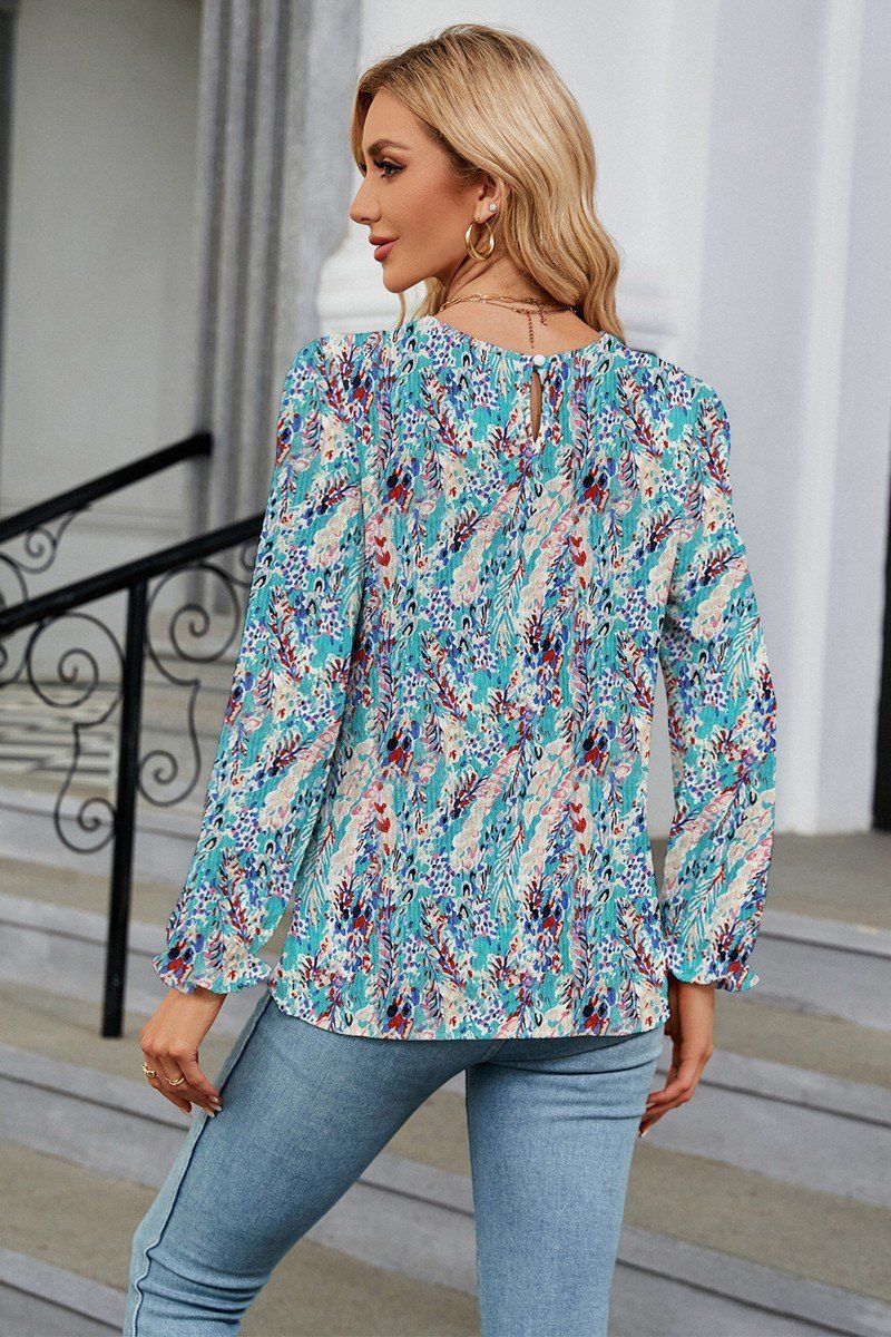 WOMEN FLORAL RUFFLE SLEEVE ROUND NECK FALL BLOUSE