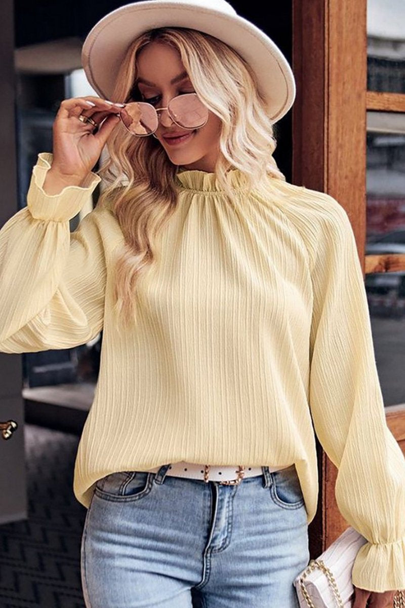 WOMEN SHIRRED HIGH NECK LONG SLEEVE SOLID BLOUSE