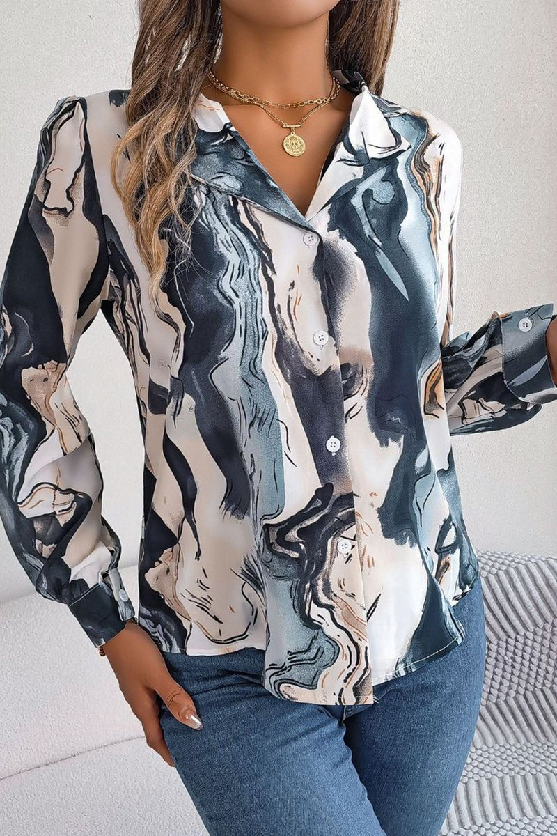 WOMEN MARBLE PATTERNED BUTTON DOWN OFFICE BLOUSE
