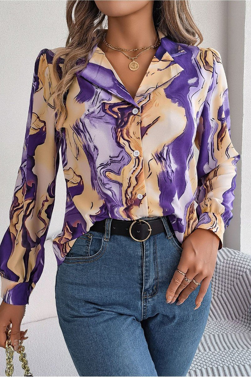 WOMEN MARBLE PATTERNED BUTTON DOWN OFFICE BLOUSE