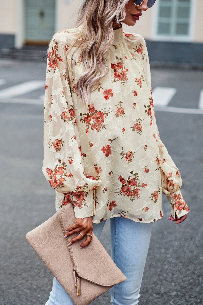 WOMEN LOOSE FIT HIGH NECK FLORAL PRINTING BLOUSE