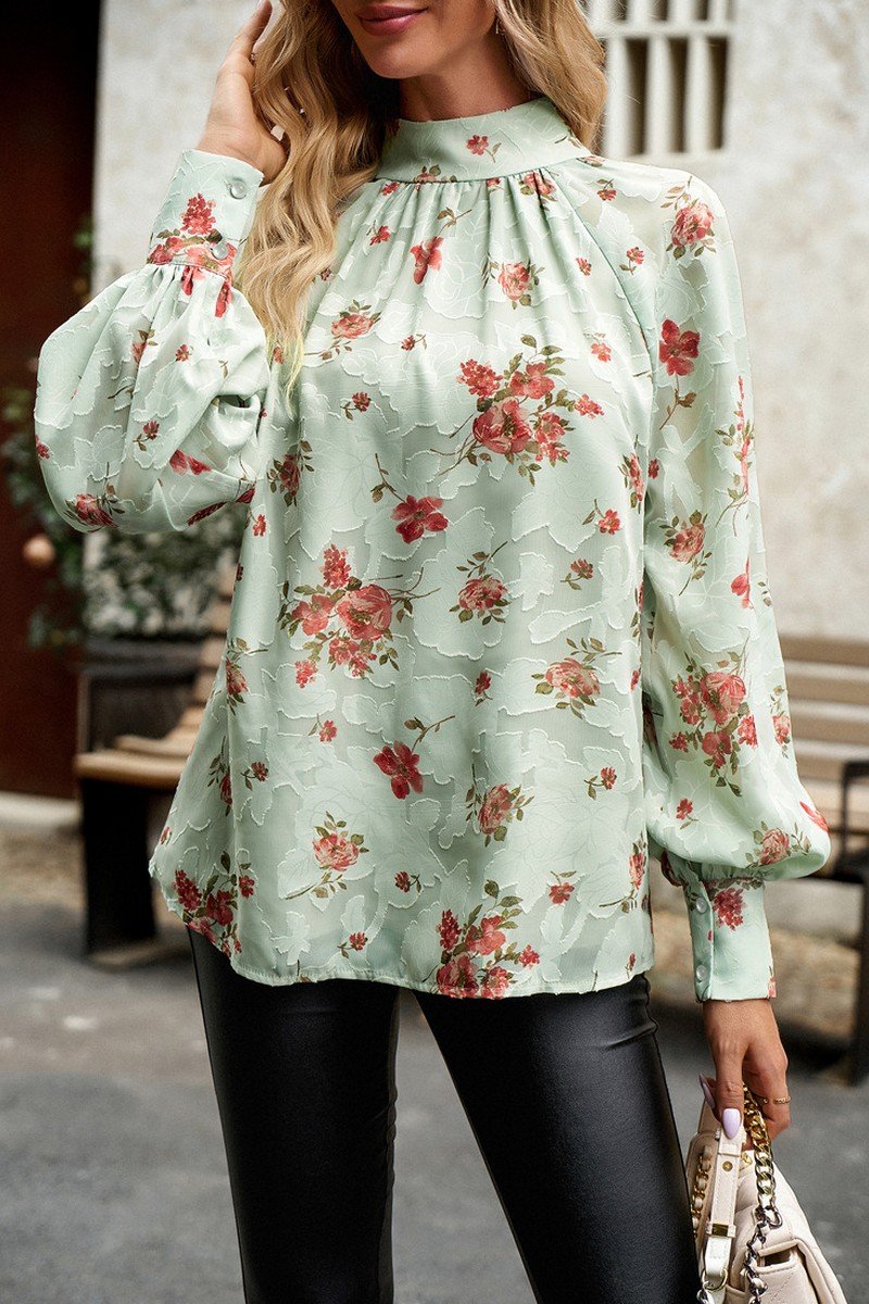 WOMEN LOOSE FIT HIGH NECK FLORAL PRINTING BLOUSE