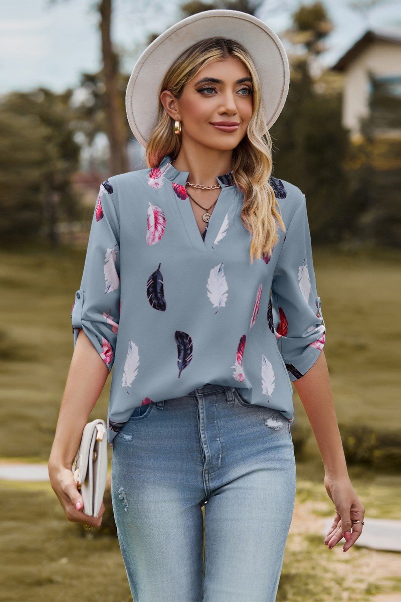 WOMEN FEATHER PRINTING SHIRRED HIGH NECK BLOUSE
