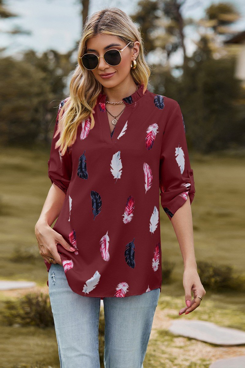 WOMEN FEATHER PRINTING SHIRRED HIGH NECK BLOUSE