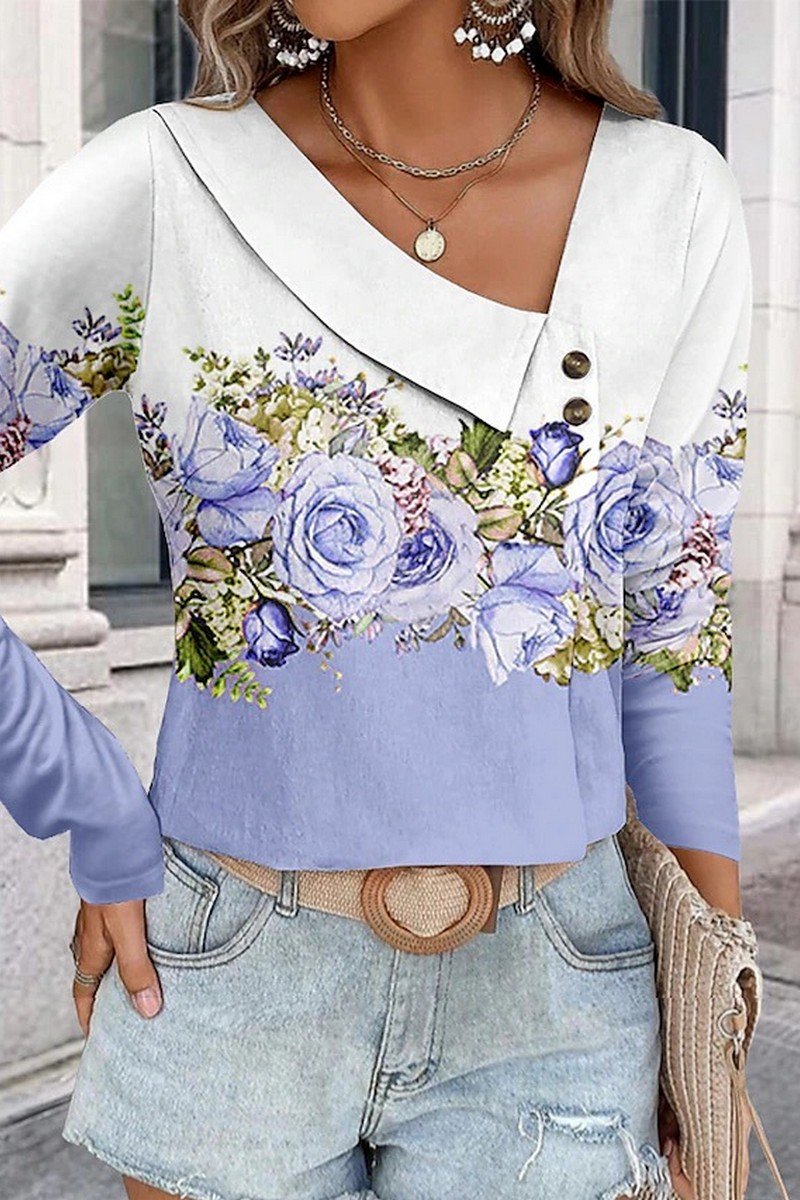 WOMEN ELEGANT FLORAL PRINTING V NECK T SHIRT TEE