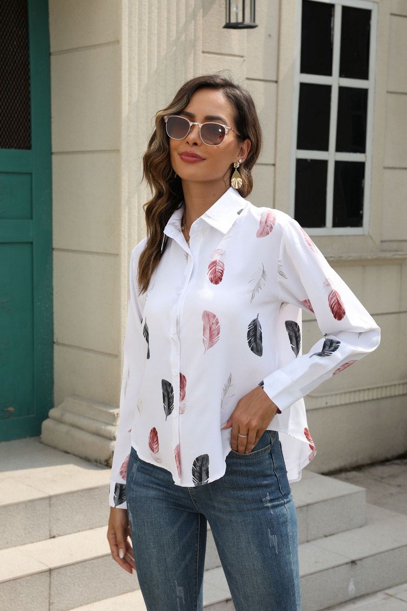 WOMEN FEATHER PRINTING BUTTON DOWN BLOUSE TOP