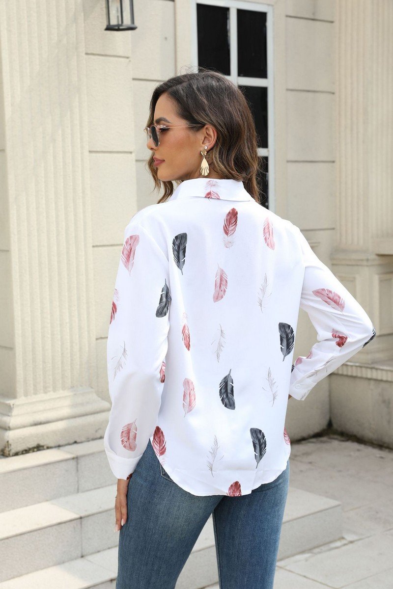 WOMEN FEATHER PRINTING BUTTON DOWN BLOUSE TOP