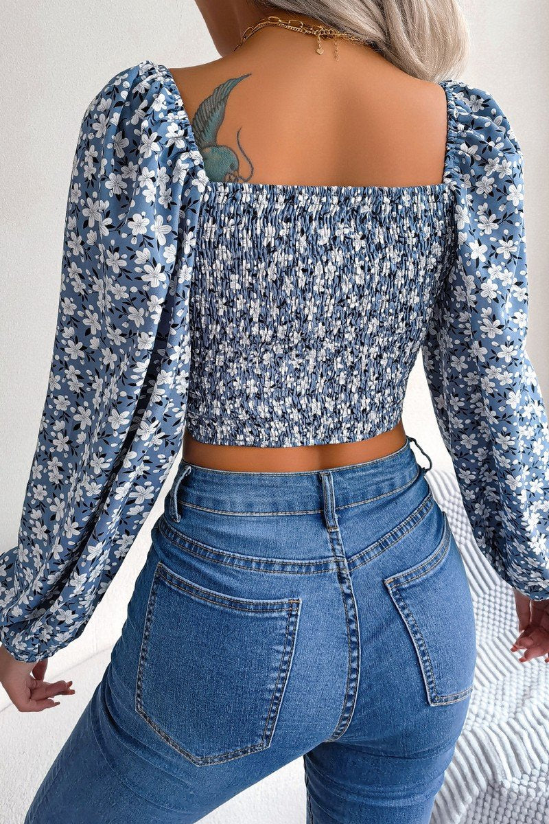 WOMEN SEXY TIED FRONT FLORAL CROP T SHIRT