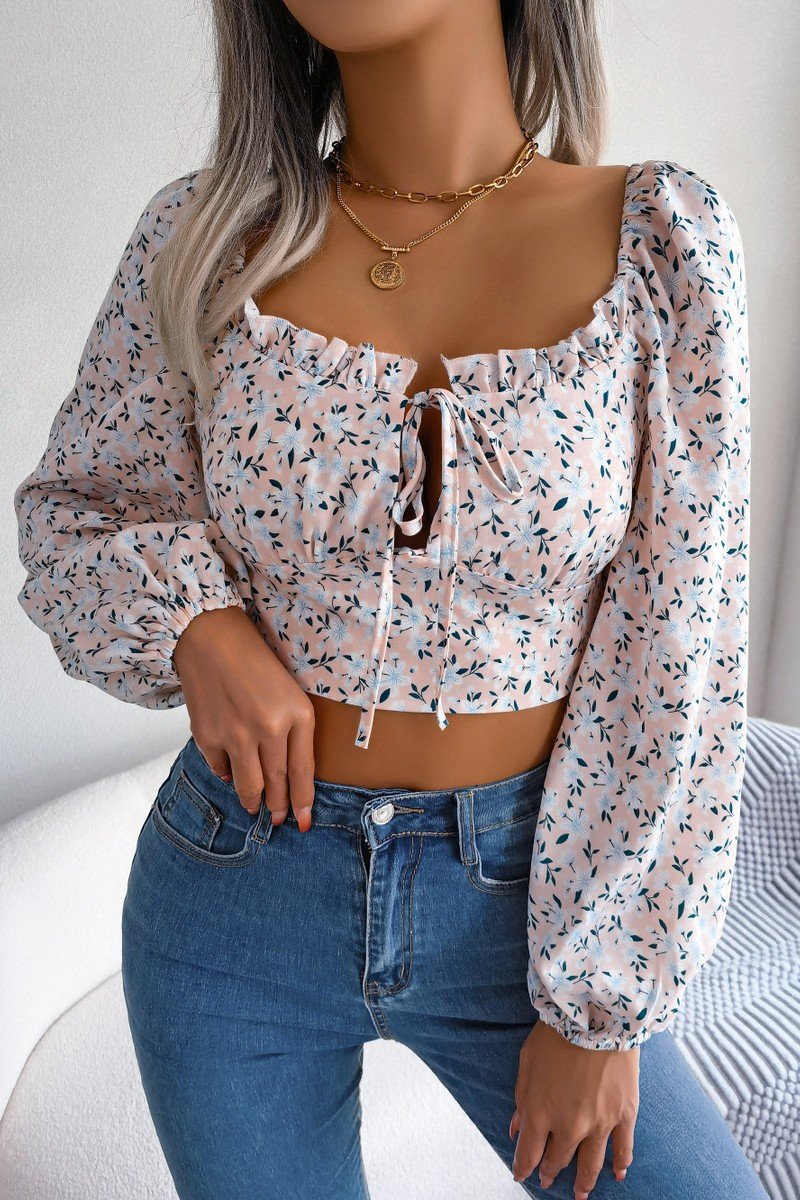 WOMEN SEXY TIED FRONT FLORAL CROP T SHIRT