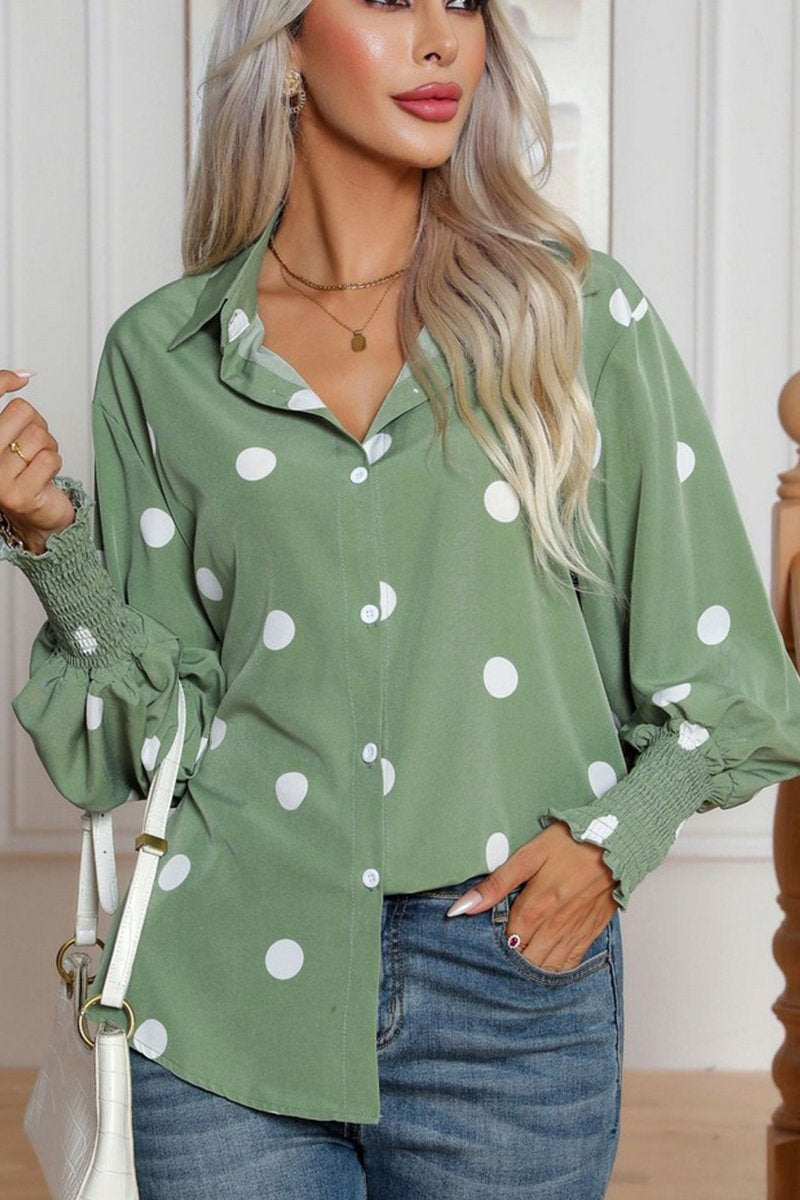 DOT LANTERN LONG SLEEVES BUTTON DOWN BLOUSE