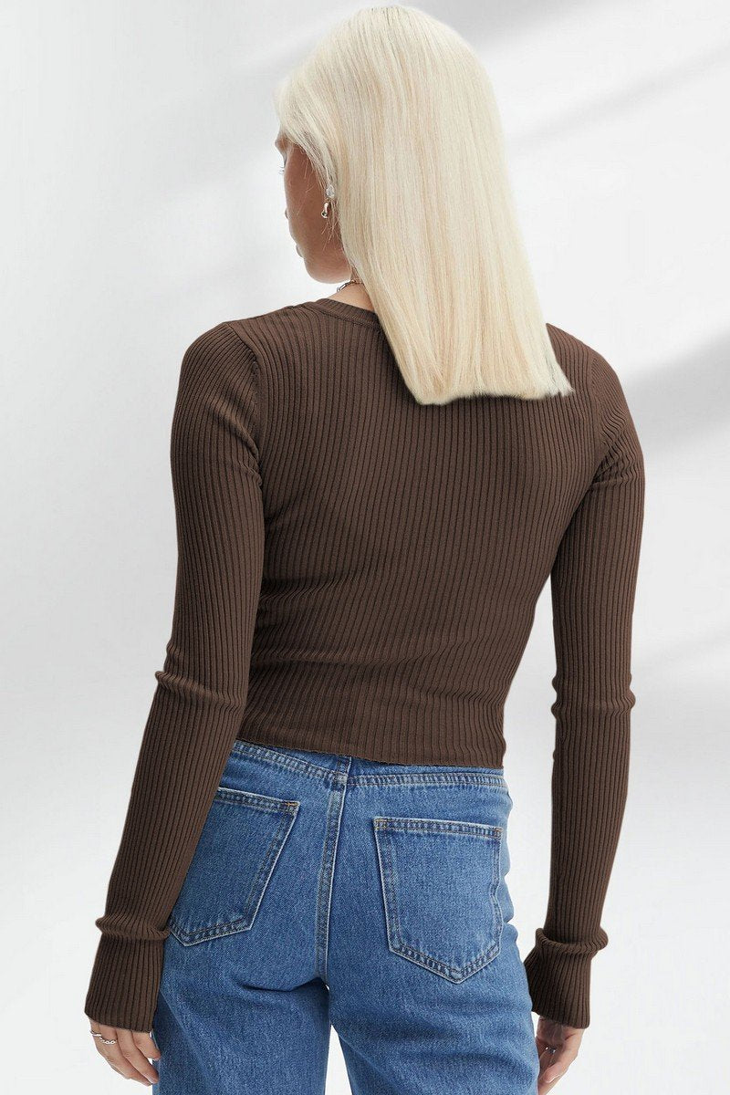 WOMEN TIGHT FIT LONG SLEEVE BASIC KNIT CROP TOP