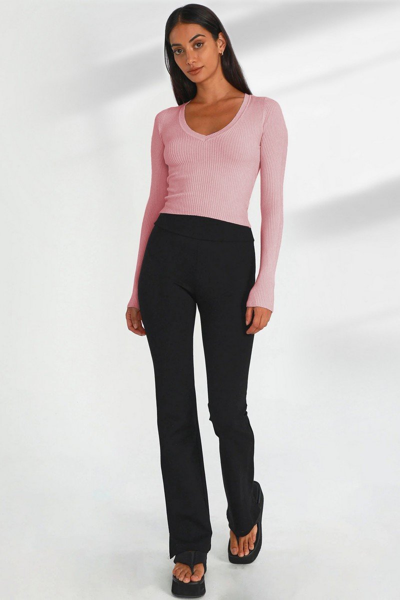 WOMEN TIGHT FIT LONG SLEEVE BASIC KNIT CROP TOP