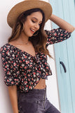 FLORAL PUFF SLEEVES LACE-UP RUFFLE CROP TOP - Doublju