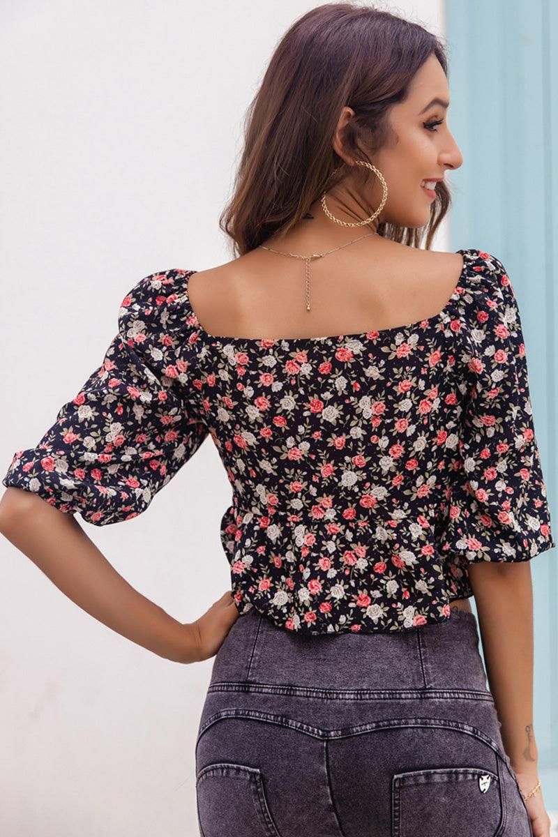 FLORAL PUFF SLEEVES LACE-UP RUFFLE CROP TOP - Doublju