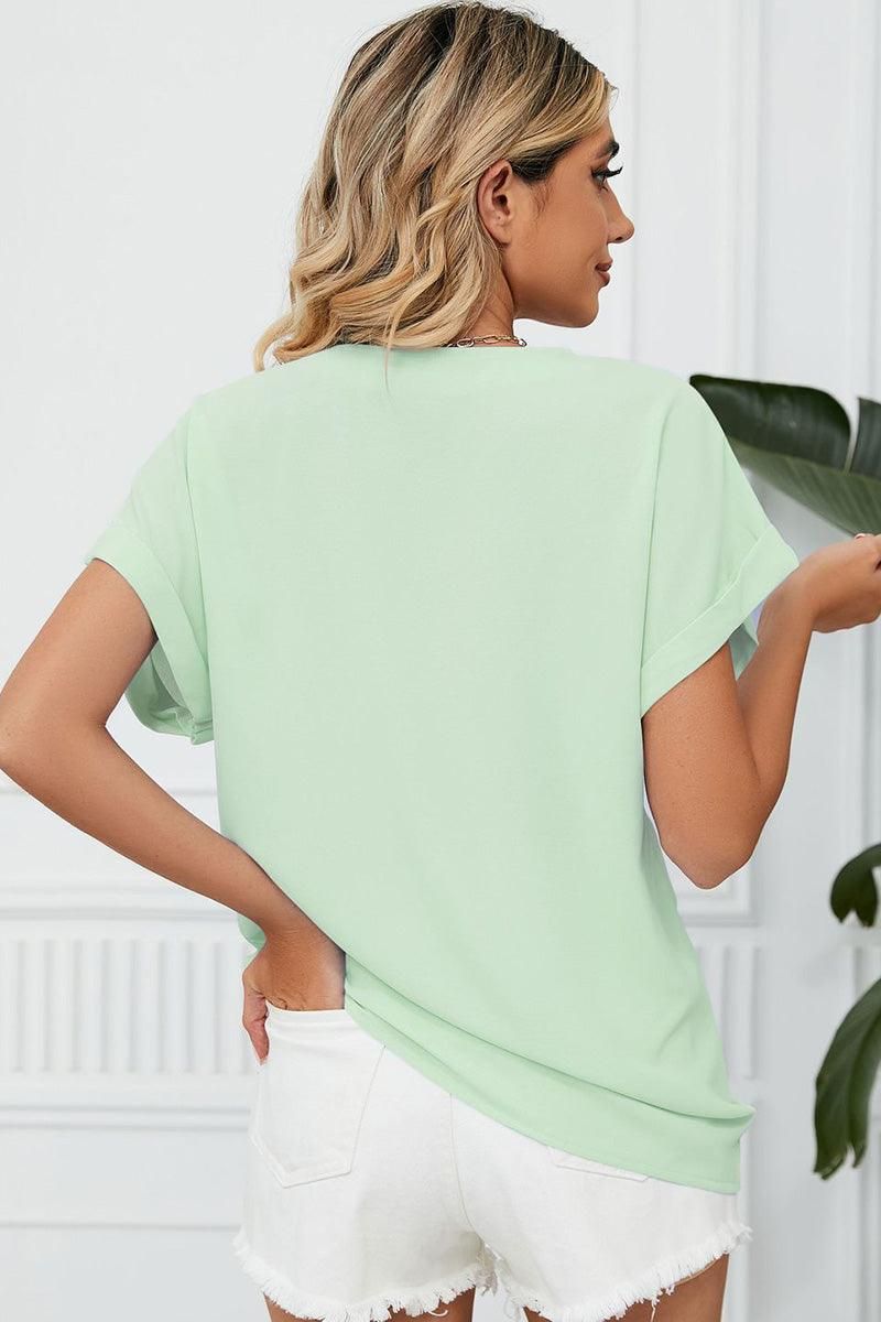 SIMPLE LOOSE FIT ROLL UP SHORT SLEEVE BLOUSE - Doublju