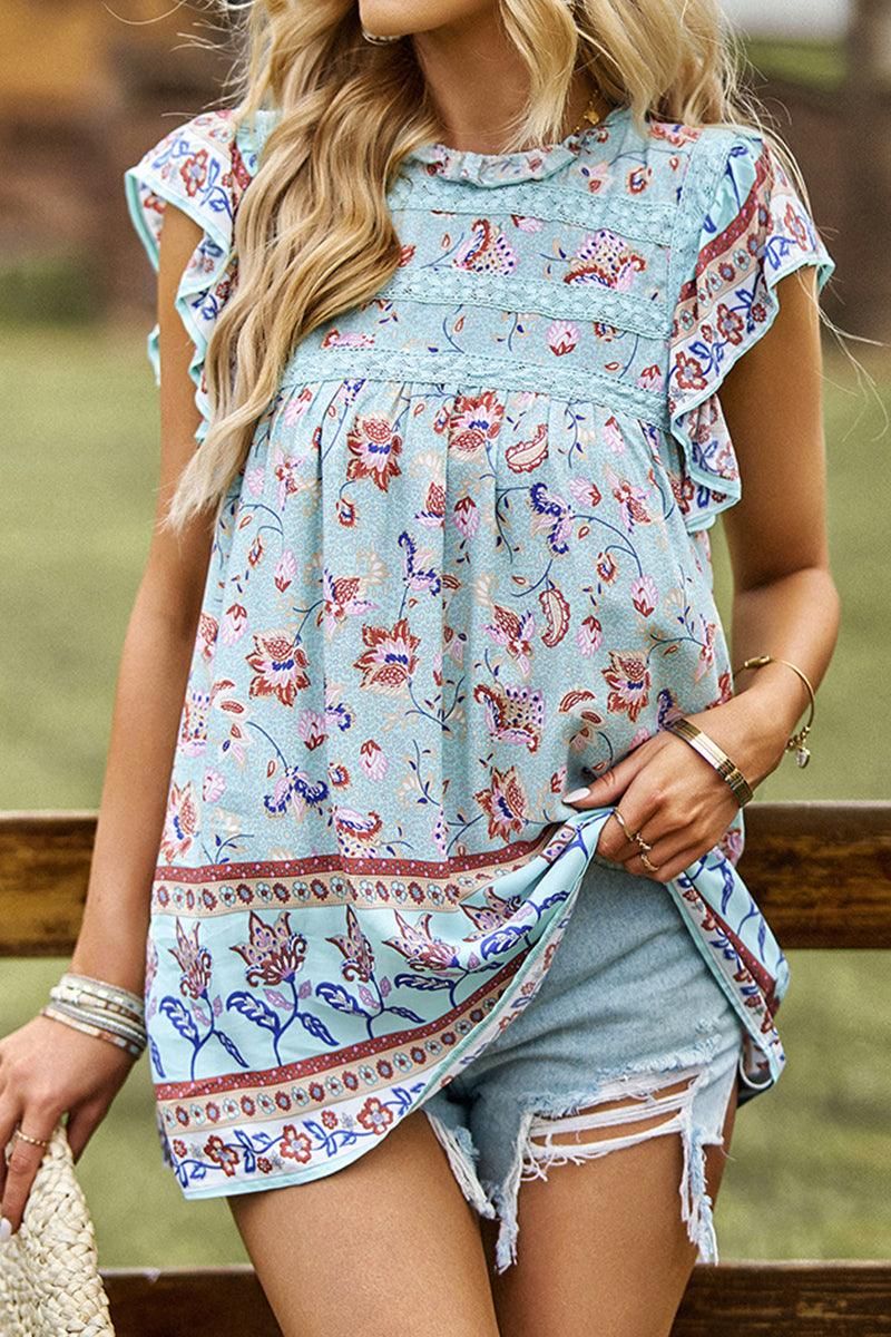RUFFLED CAP SLEEVES LACE NECK FLORAL TUNIC TOP - Doublju