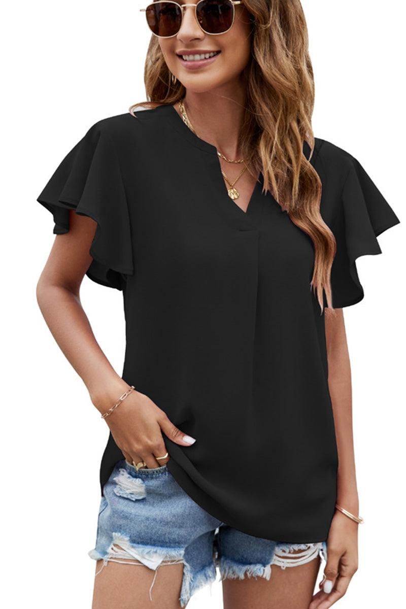 SOLID COROL CHIFFON FLYING SLEEVE LOOSE TOP - Doublju