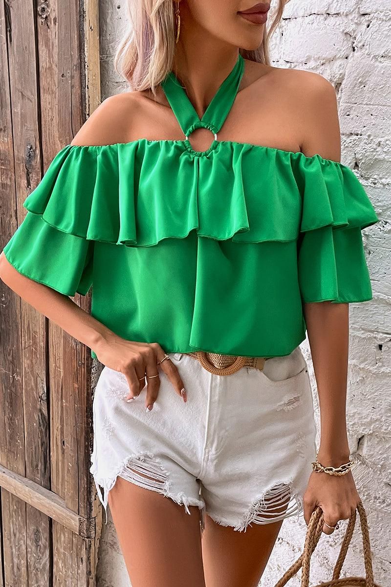 RING HALTER FRILL OFF SHOULDER RUFFLED BLOUSE - Doublju