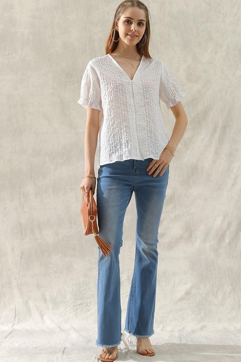 V NECK FLORAL RUFFLED PUFF BUTTON BLOUSE - Doublju