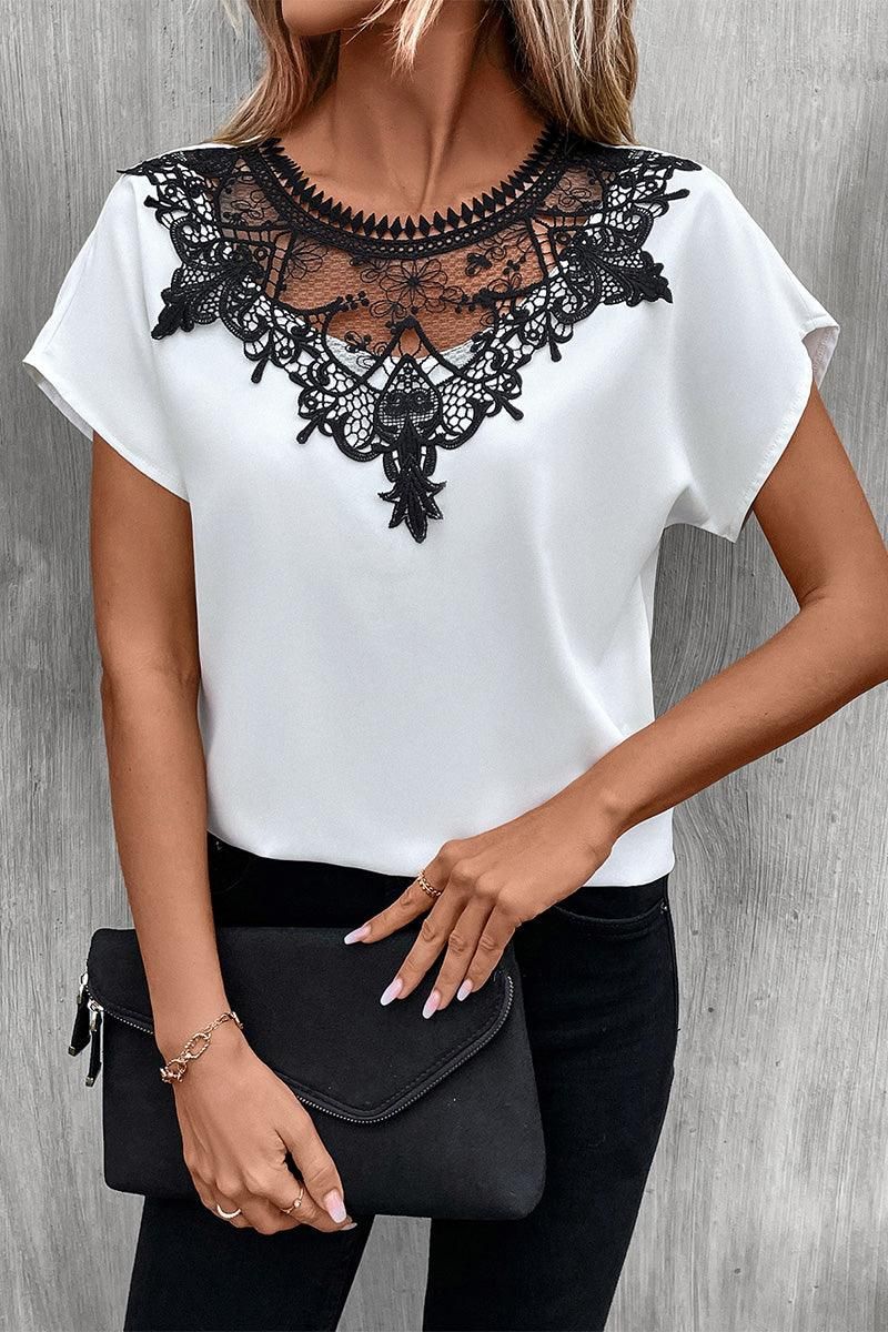 MESH LACE CHEST POINT GLOSSY SHORT BLOUSE - Doublju