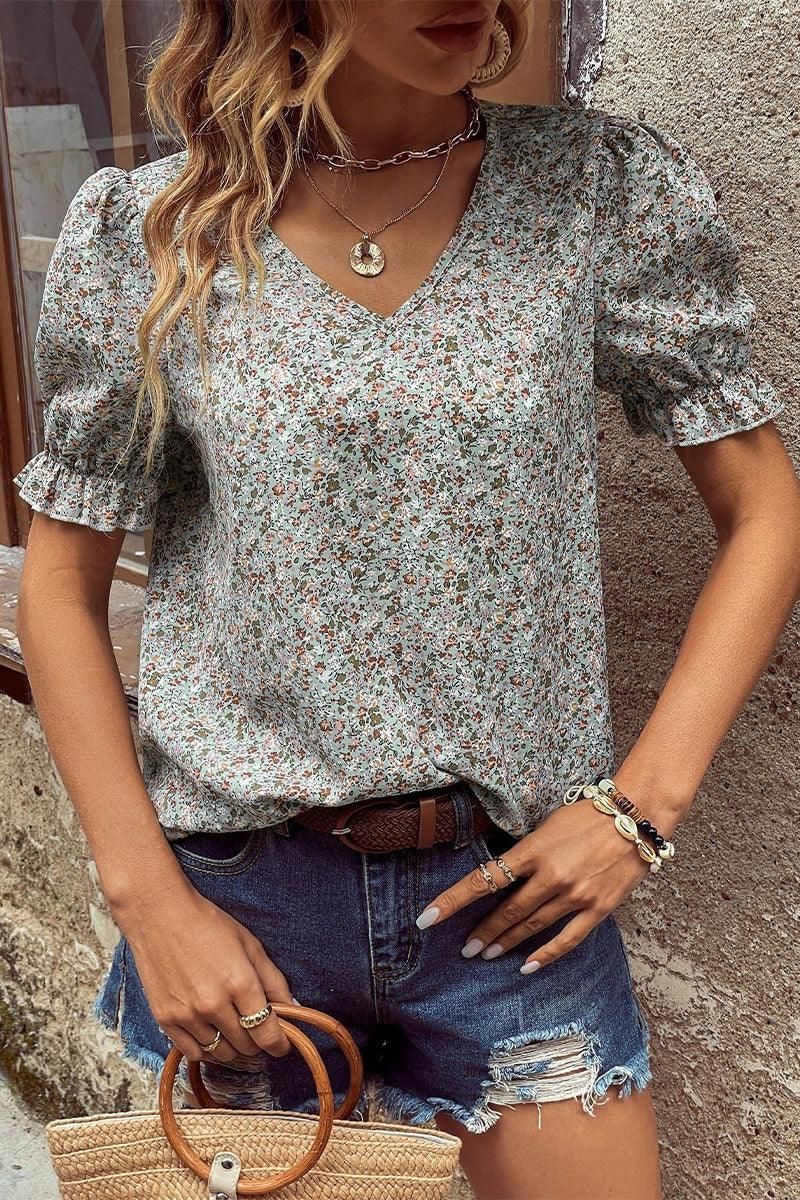FLORAL FRILL PUFF SLEEVE V NECK BLOUSE - Doublju