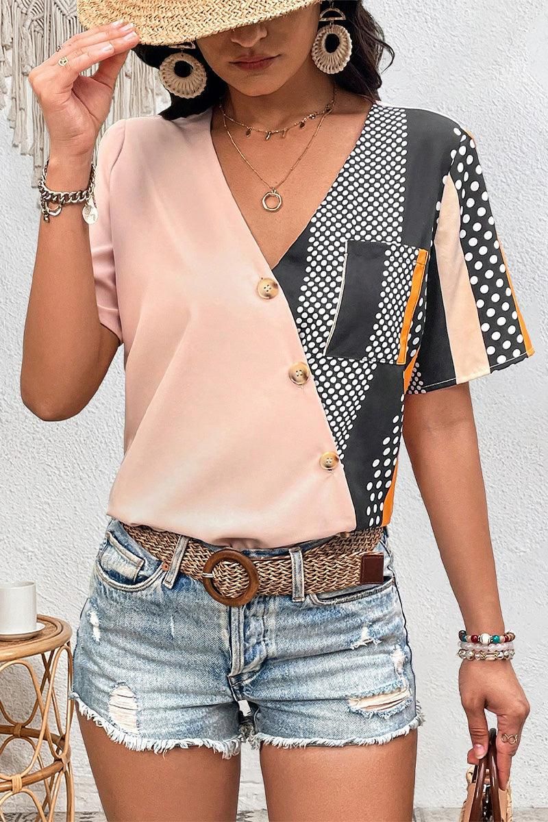 WOMEN CROSS WRAP BUTTON DECKED PATTERN BLOCK TEE - Doublju