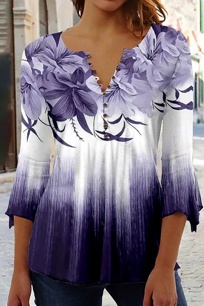 WOMEN ELEGANT 3D FLORAL PRINTING 3/4 SLEEVE TOP