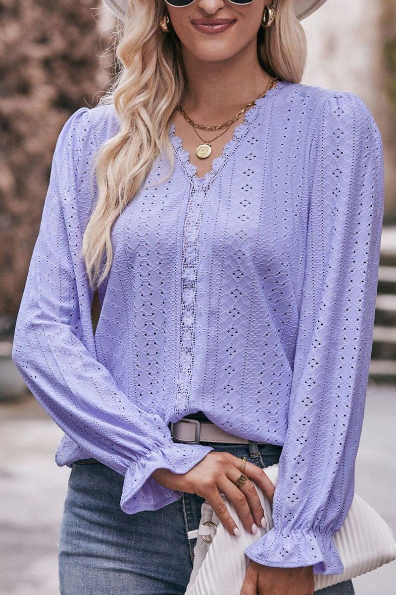 WOMEN LACE TRIM V NECK FLARED SLEEVE BLOUSE