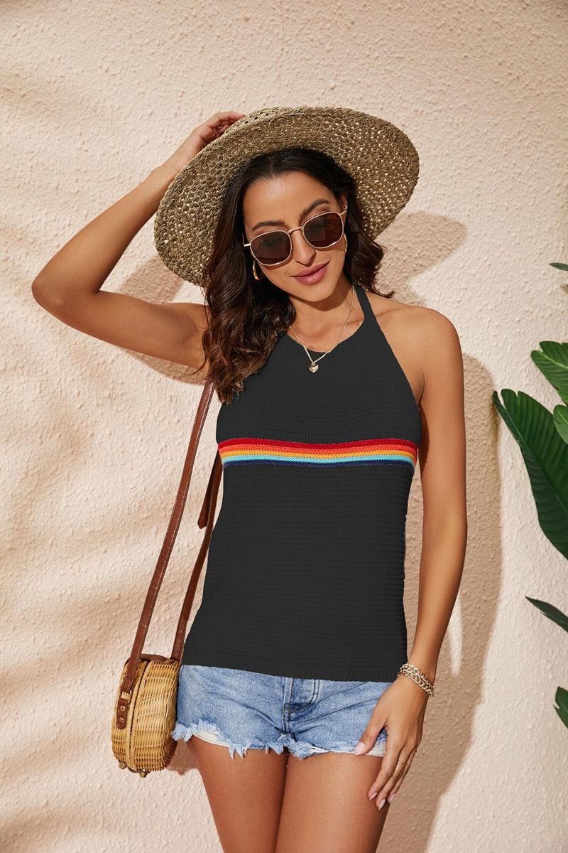 WOMEN STRAP TIED NECK TANK T SHIRT - Doublju