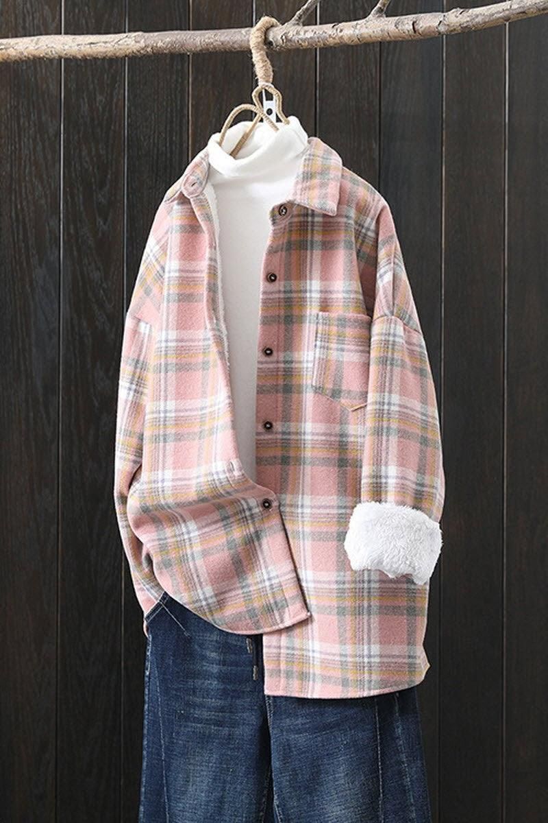 MID LENGTH FLEECE INNER WARM PLAID SHIRT JACKET - Doublju