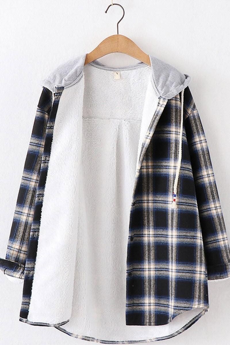 HOODED BF LOOSE PLAID INNER FLEECE WARM SHIRT - Doublju