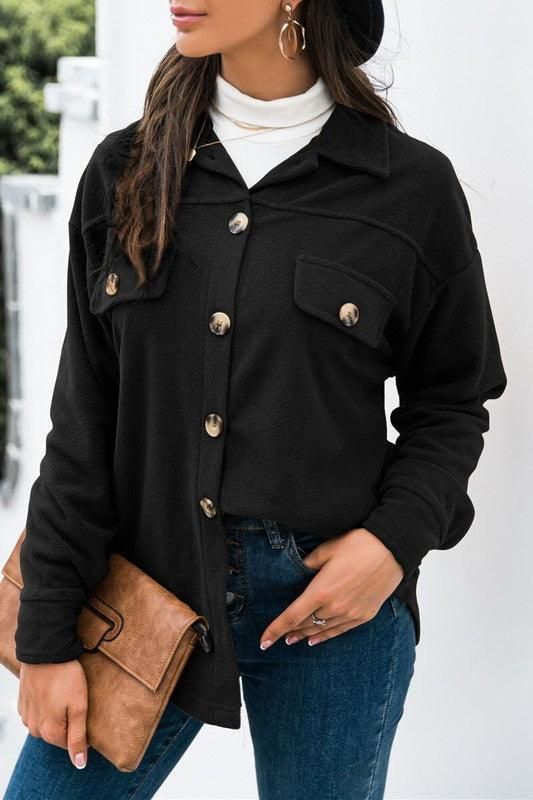 LONG SLEEVE LAPEL BUTTON FLEECE CASUAL SHIRT - Doublju