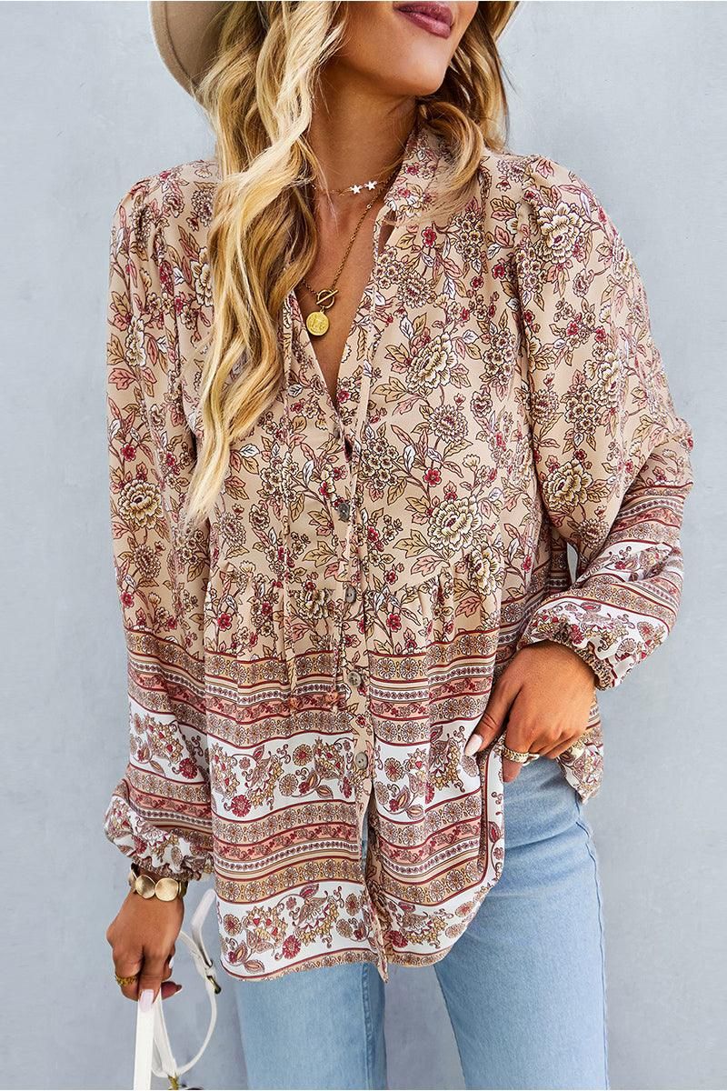 FLORAL PATTERNED BUTTON DOWN TUNIC SHIRTS - Doublju