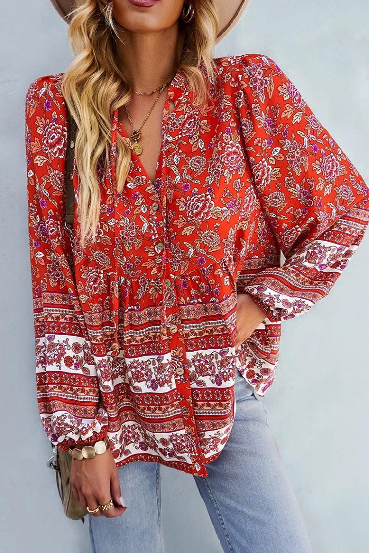 FLORAL PATTERNED BUTTON DOWN TUNIC SHIRTS - Doublju