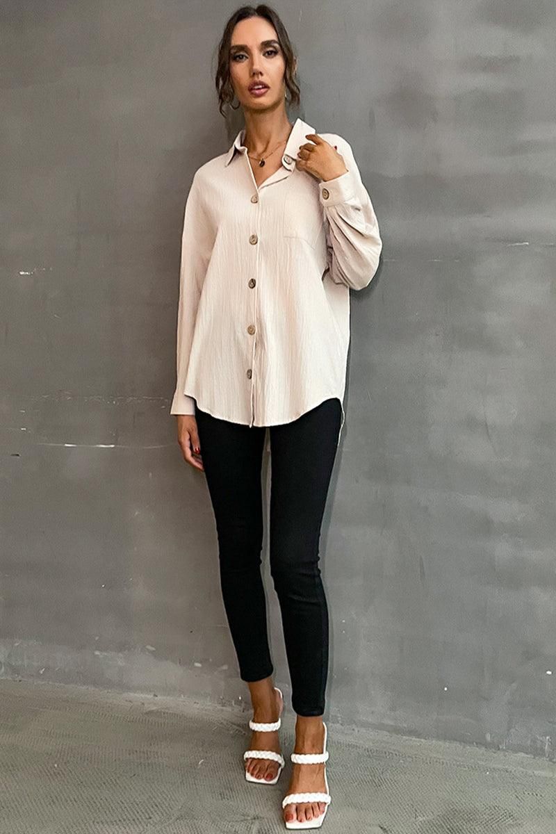 BUTTON DOWN SOLID LOOSE FIT BLOUSE SHIRTS - Doublju