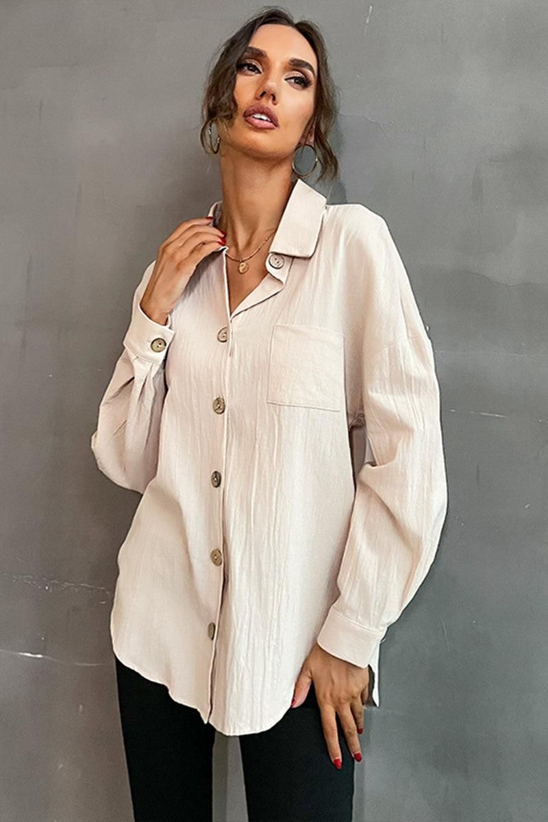 BUTTON DOWN SOLID LOOSE FIT BLOUSE SHIRTS - Doublju