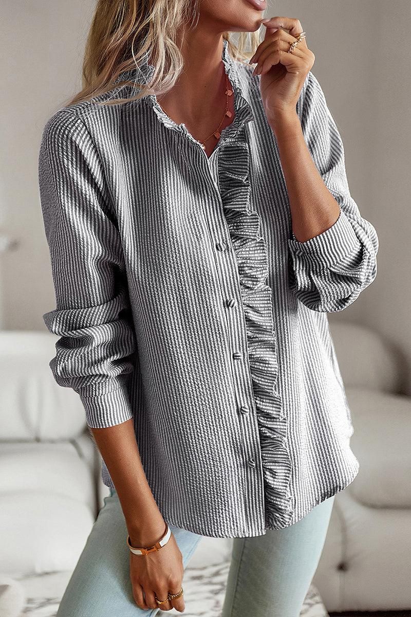 BUTTON UP LACE STRIPE SHIRT - Doublju