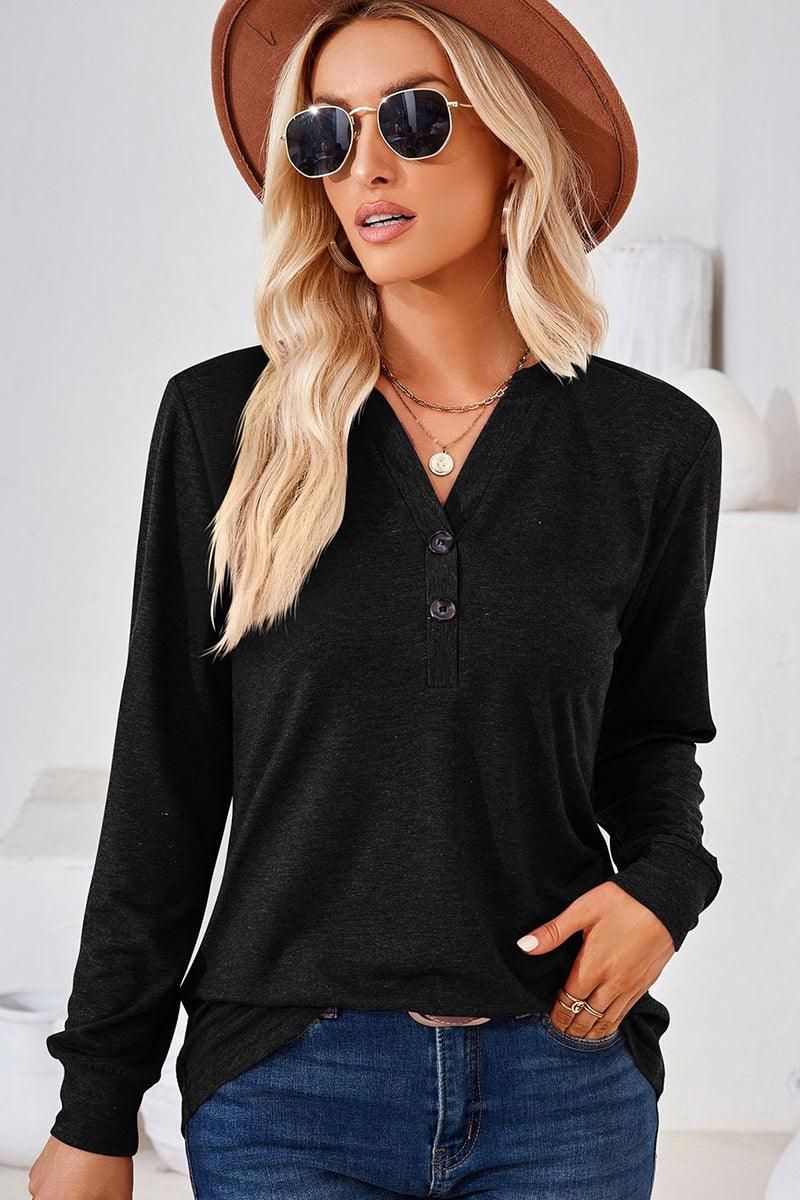 WOMEN BUTTONED V NECK RIB SLEEVE CASUAL TEE - Doublju